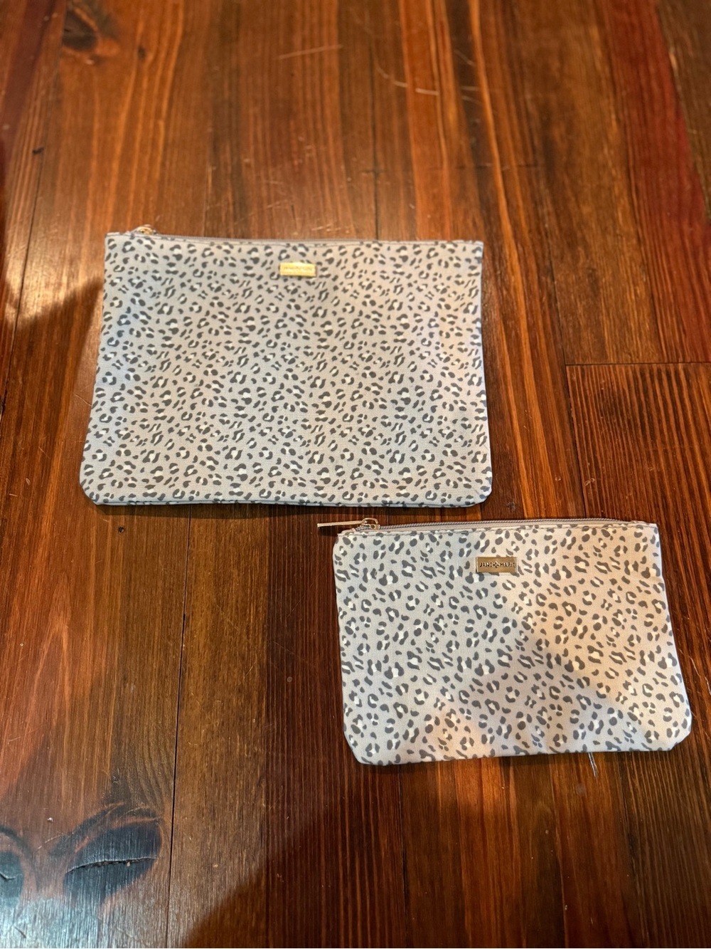 Set of 2 Leopard Print Zip Pouch Set in Light Gray and Black